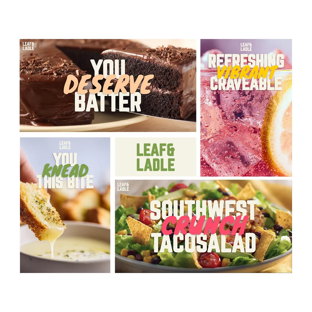 A vibrant grid showcasing diverse food photography including chocolate cake, a refreshing pink beverage, garlic bread, and a southwest taco salad for Leaf and Ladle.