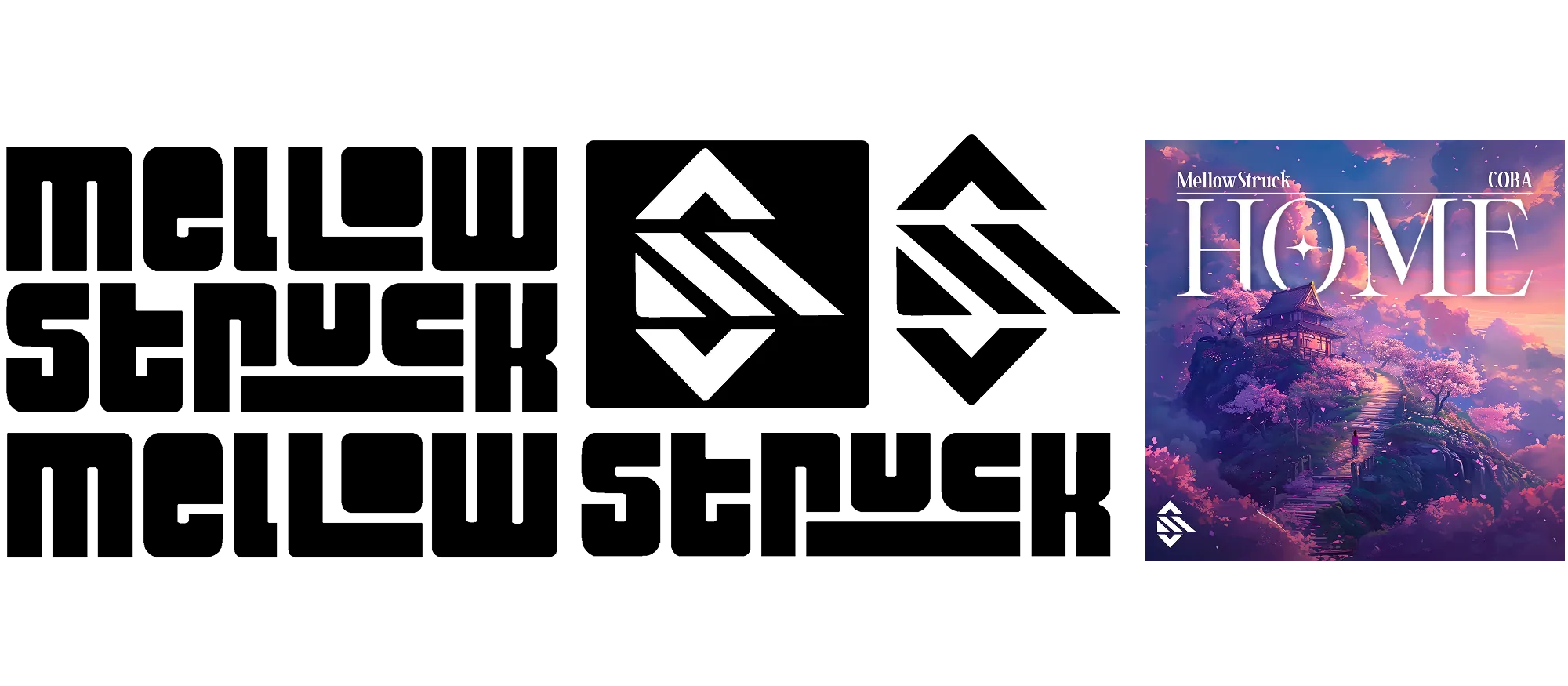 The final Mellowstruck brand assets, featuring high-contrast black and white versions of the bold wordmark and the sharp, layered chevron logo icon.