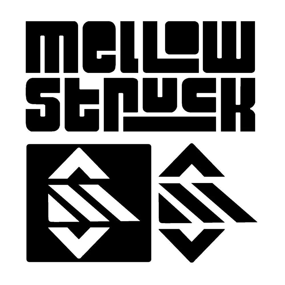 A bold, geometric typography-focused logo for MellowStruck featuring black block lettering and sharp, chevron-like icons.