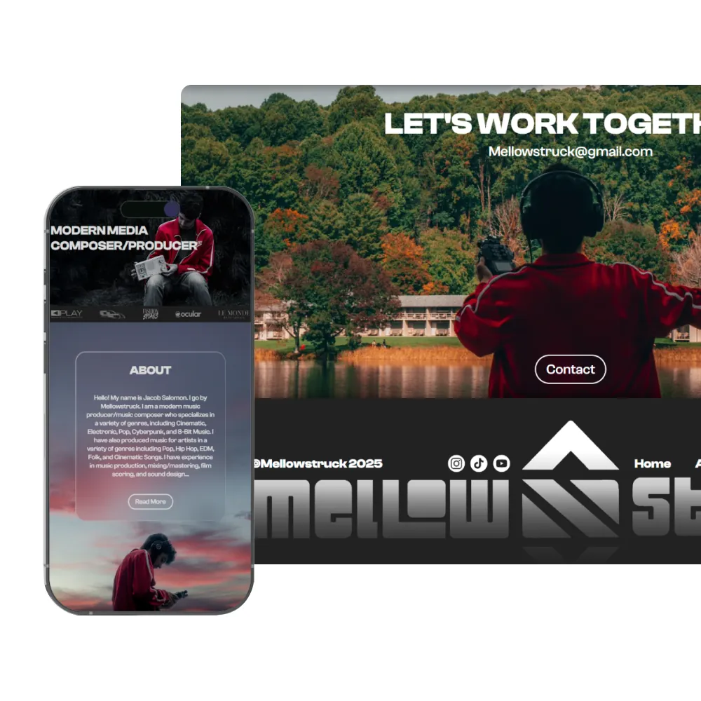 A professional portfolio mockup showing the MellowStruck website layout on both a desktop screen and a mobile device.