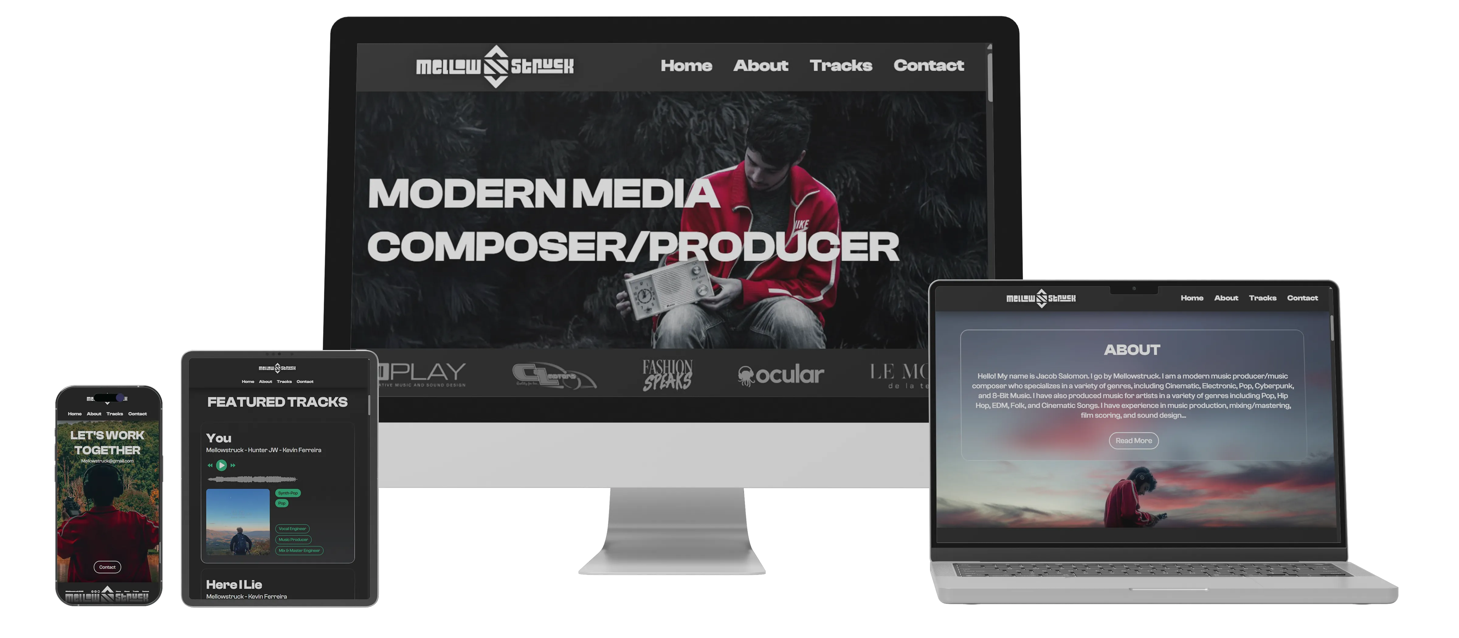A full-page mockup of the Mellowstruck portfolio website featuring a dark aesthetic, a hero section with a media producer, and a structured layout for tracks and services.