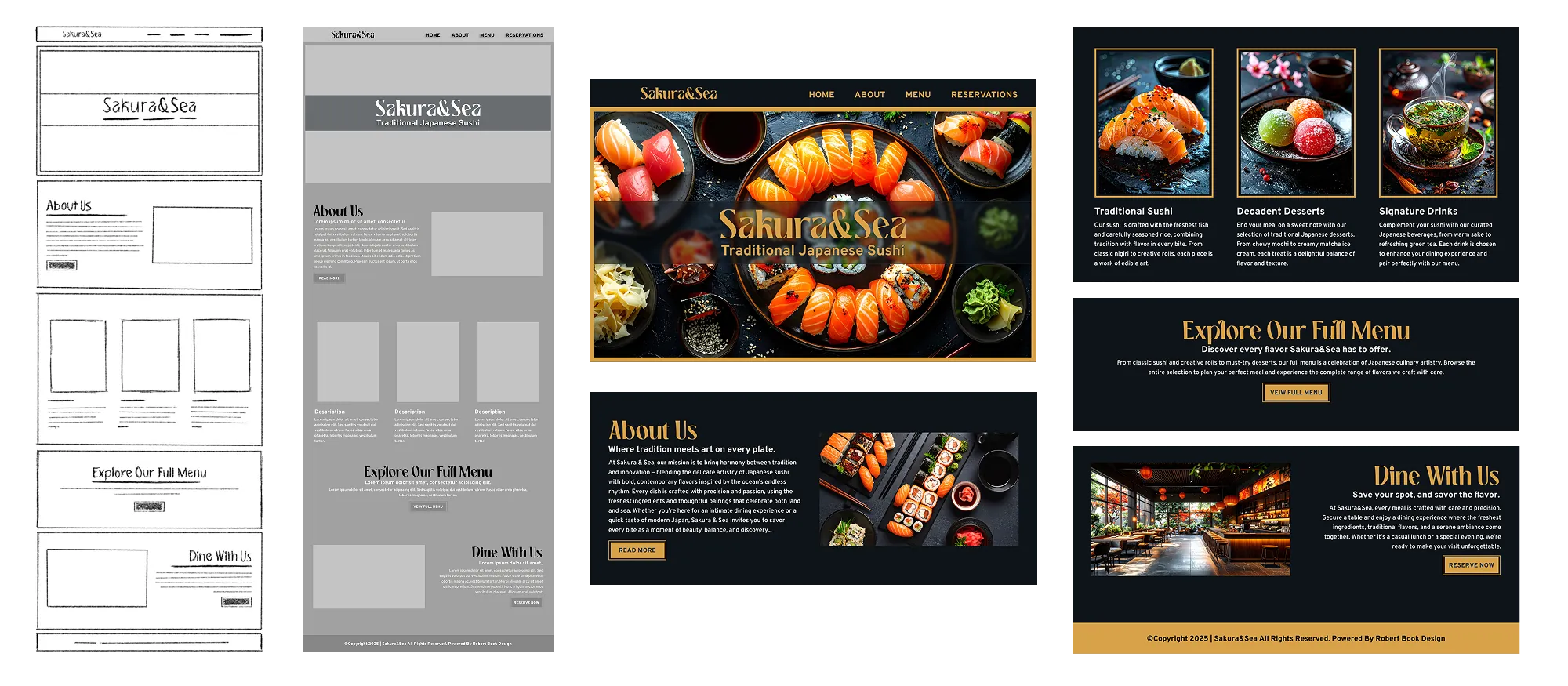 A comprehensive UI kit for the Sakura and Sea brand featuring golden serif typography, button styles, and a sophisticated dark color palette.