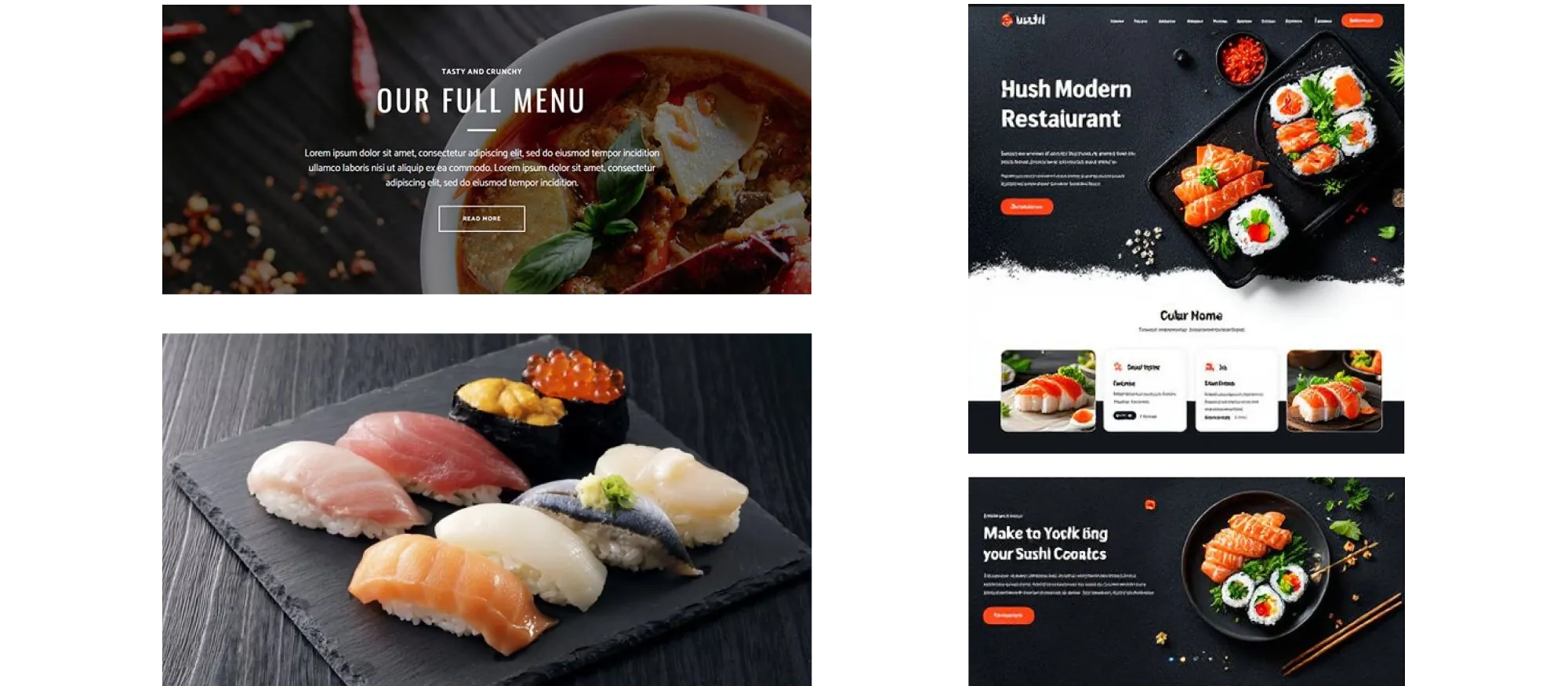 A collection of high-end sushi and Japanese restaurant website screenshots used as visual research for elegant typography and dark-themed food photography.