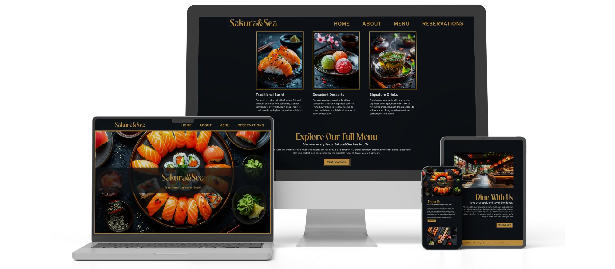 A full-page website mockup for Sakura and Sea featuring a hero image of professional sushi rolls and a clean, luxury menu layout.