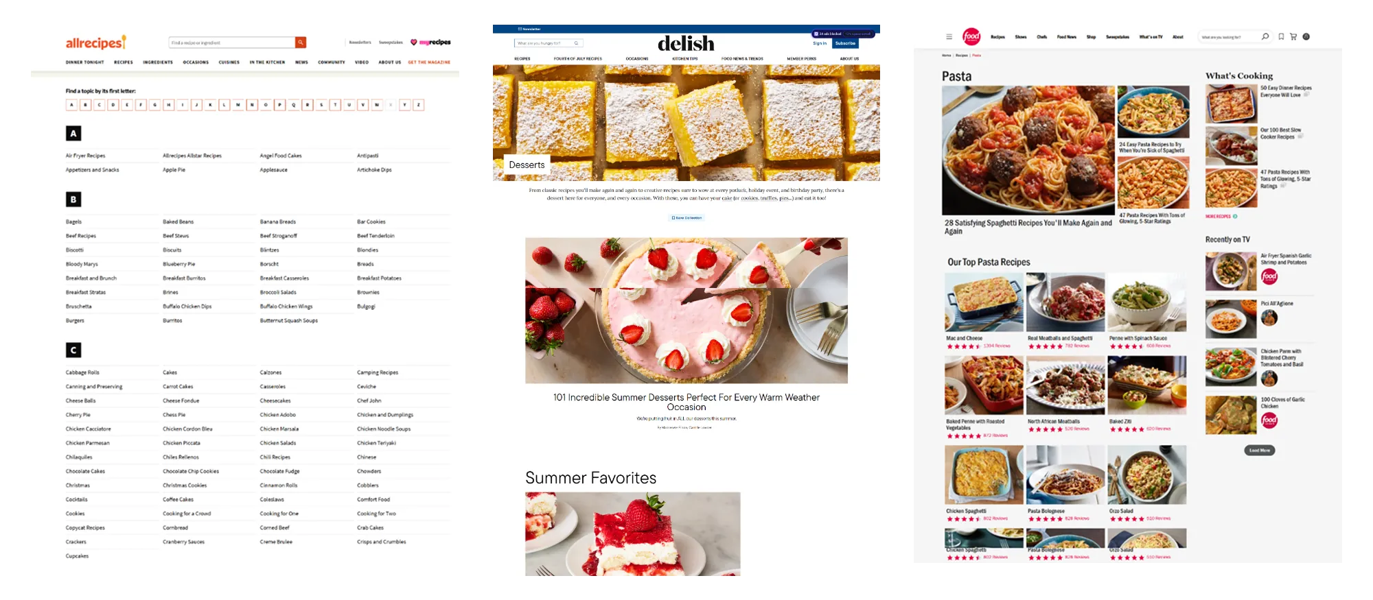 Wireframe sketches and evolving screen designs for the Table of Contents recipe app, progressing from rough hand-drawn layouts to a refined search and tag filter interface, alongside a high-fidelity recipe grid and expanded recipe detail view.