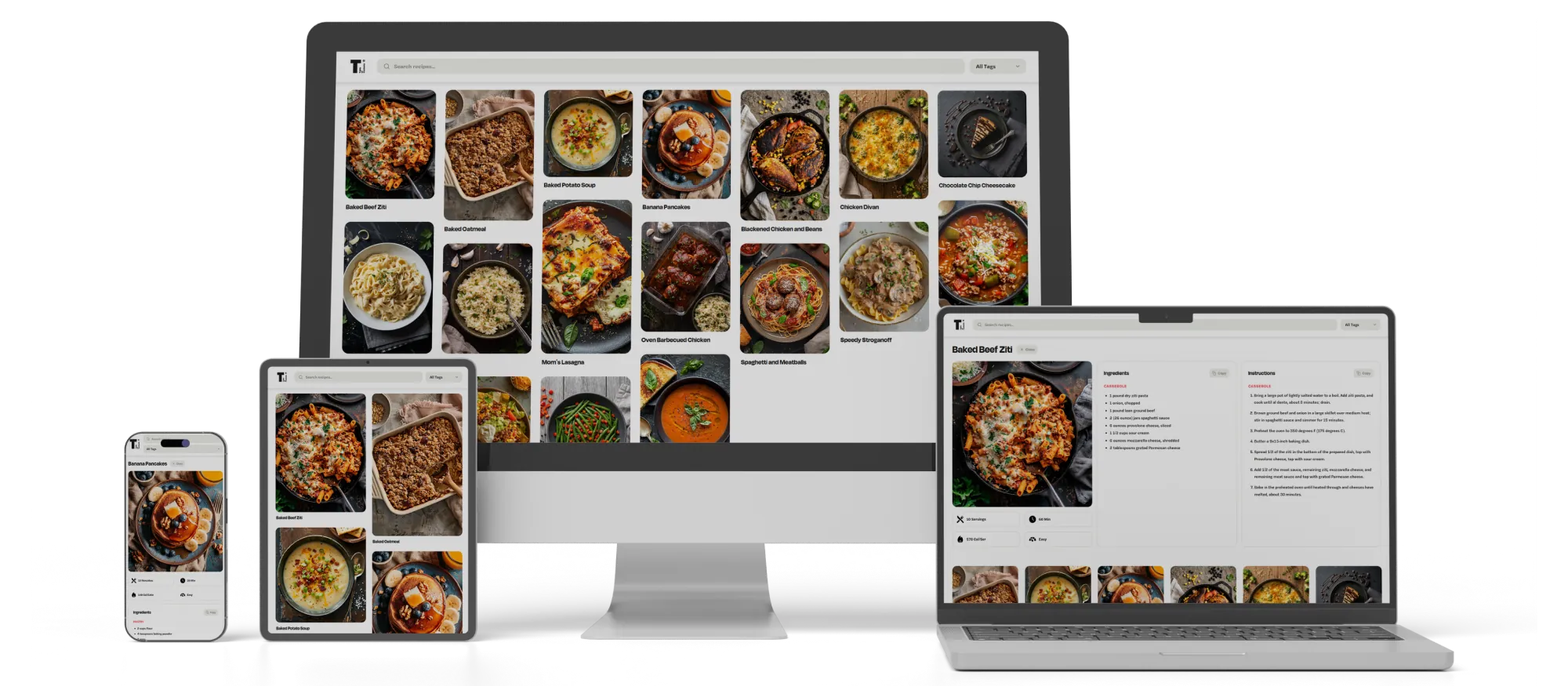 A full-page mockup of the Table of Contents web app featuring a light, clean, aesthetic, and a structured layout for recipes.