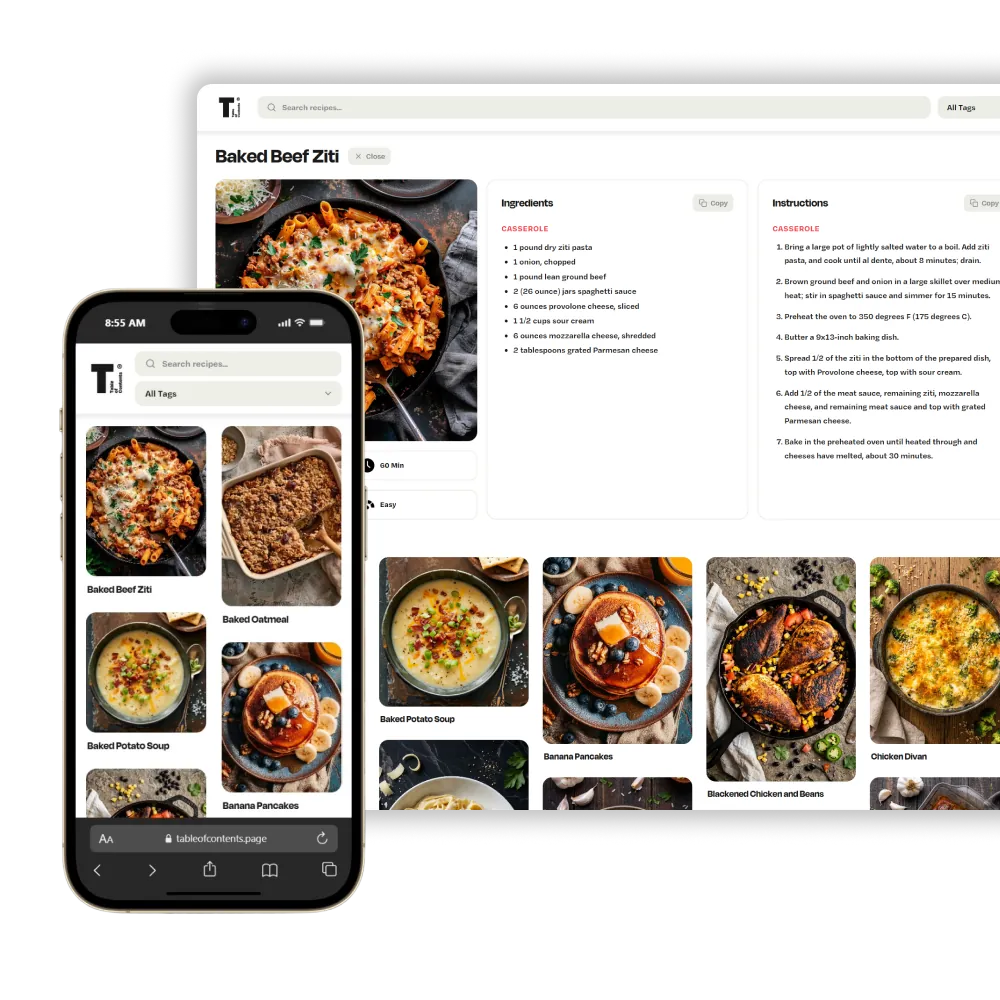 A professional portfolio mockup showing the Table of Contents web app  layout on both a desktop screen and a mobile device.